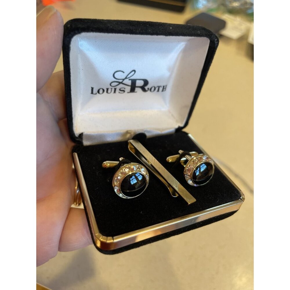 Men's Louis Roth Gold Cufflink Tie Tack Set Round Onyx Surrounded by Crystals‎
